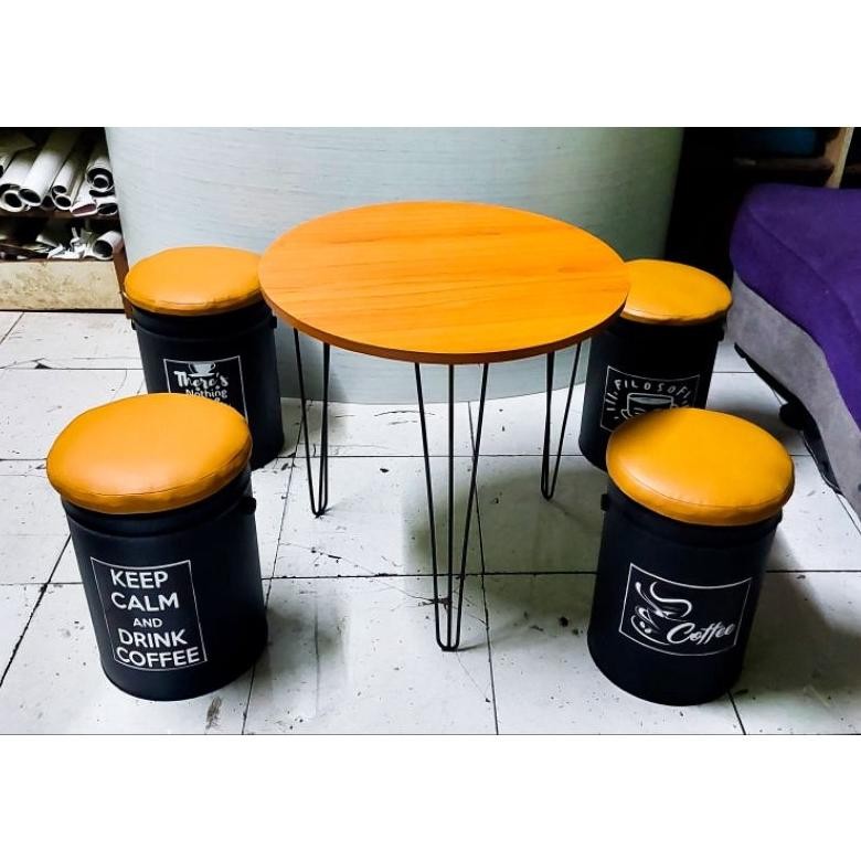 Set 4 Kursi Drum Besi 1 Meja Kayu Anti Air Nugi