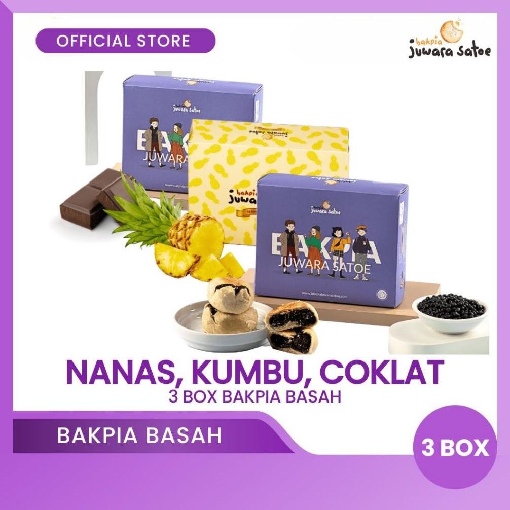 

NO_MORE BAKPIA JUWARA SATOE [ 3 Box ] Paket Mix Combo Bakpia Basah (Nanas, Kumbu, Coklat) - Oleh Oleh Khas Jogja