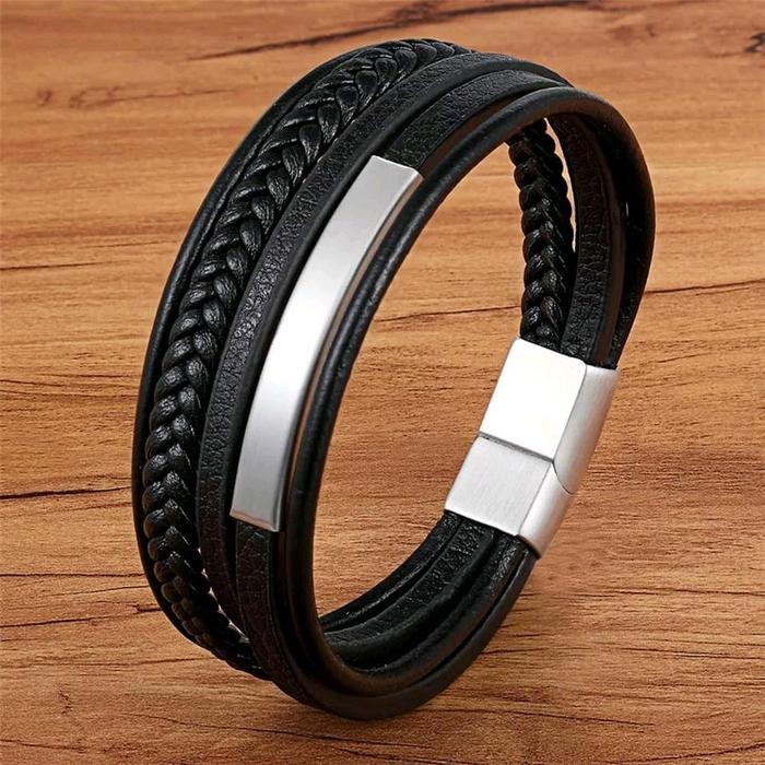 Tgs Gelang Kulit Pria Model Klasik Ukuran Besar Stainless Steel Hitam Emas Silver Bracelets