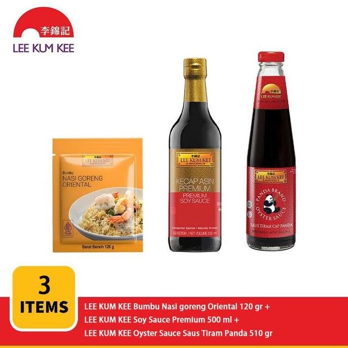 

Promo Paket Masak LEE KUM KEE: Bumbu Nasi Goreng 120gr + Soy Sauce 500ml + Saus Tiram Panda 510gr