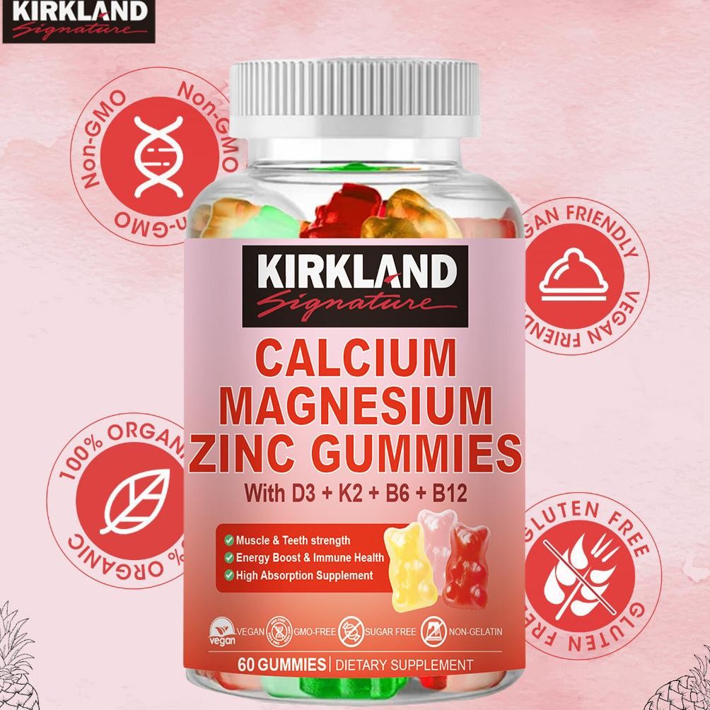 Calcium Magnesium Zinc Gummies 60pcs with Vitamin D3 K2 B6 B12 Supports Bone Health, Nerve Immune Fu