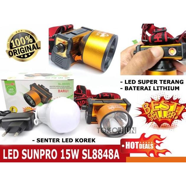 SENTER KEPALA SUNPRO SL 8848A SL8848A 15W LED HEADLAMP LED KOREK API ORIGINAL DAN TERPERCAYA