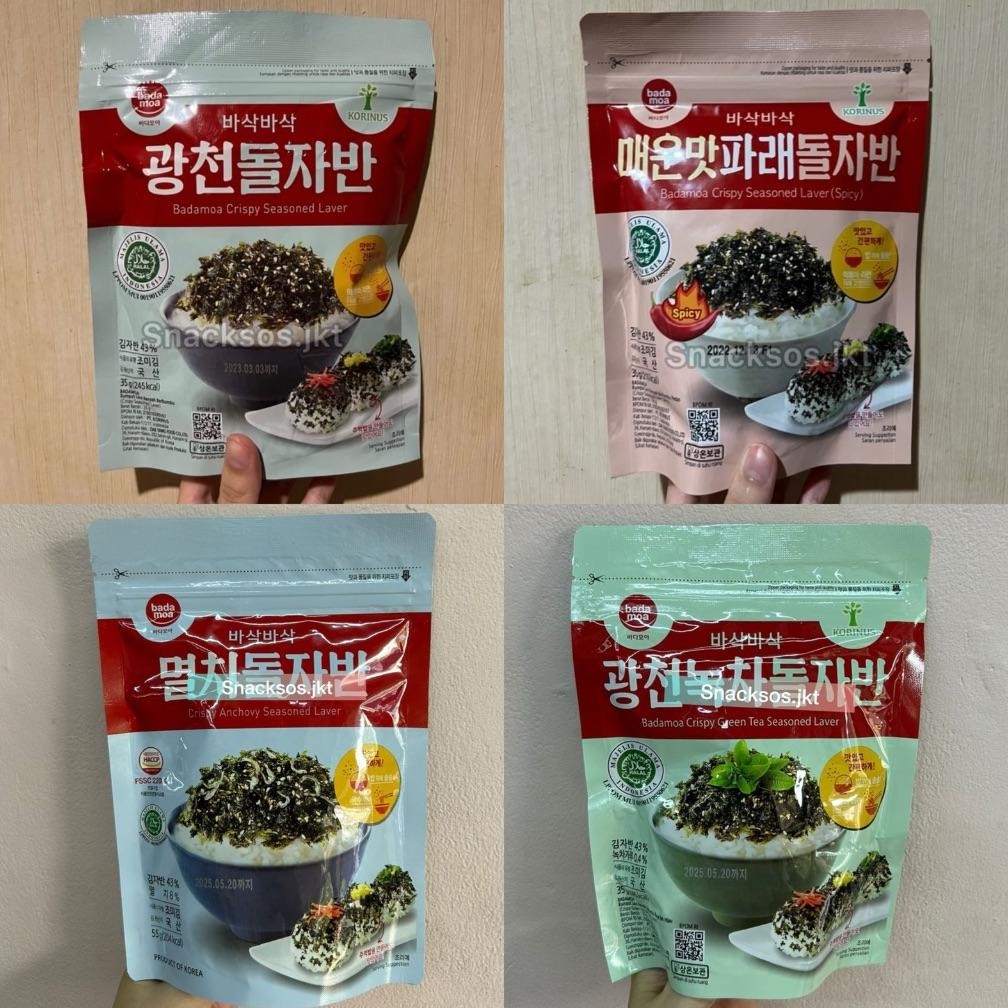 

Korinus Badamoa Crispy Seasoned Sprinkles Flakes Seaweed Laver Spicy / Original / Anchovy Ikan Teri / Green Tea - Rumput Laut aSt