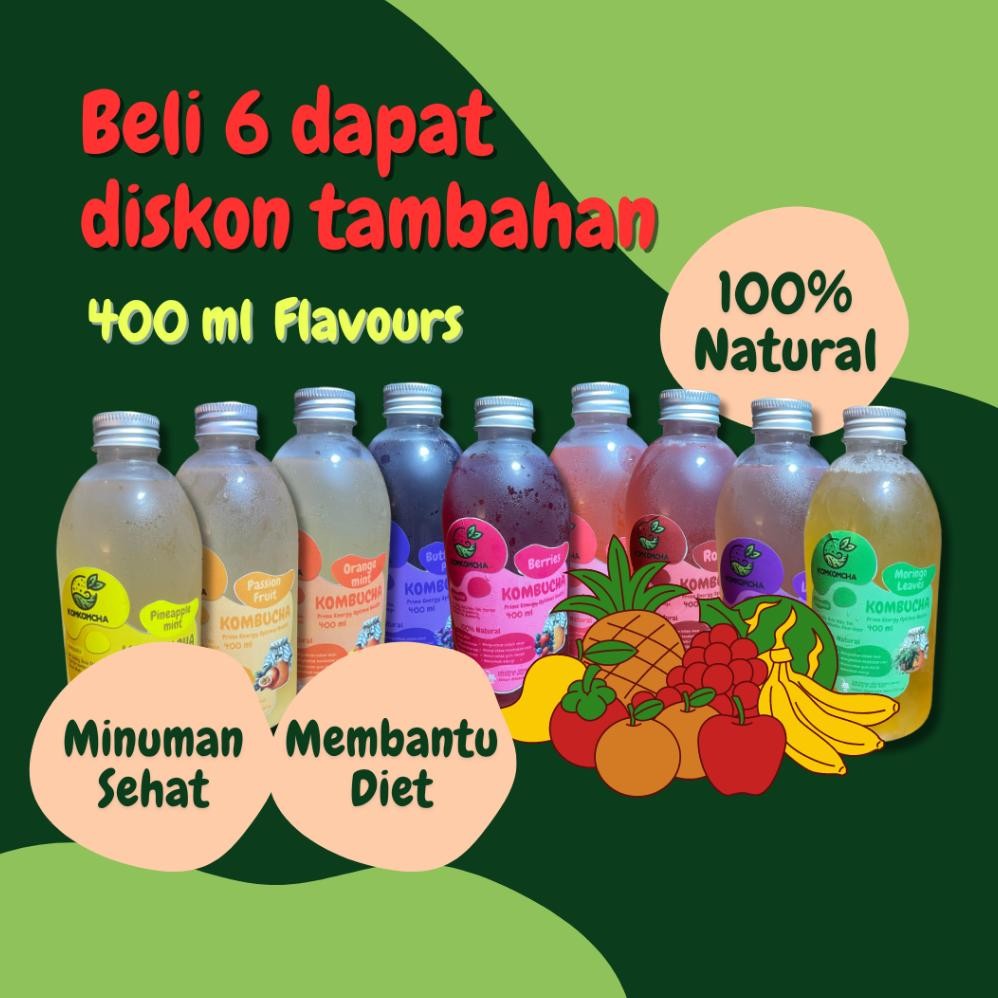 

KOMKOMCHA Kombucha 400 ml - 9 Rasa Segar - Minuman Teh Sehat Dan Energi Alami aSt