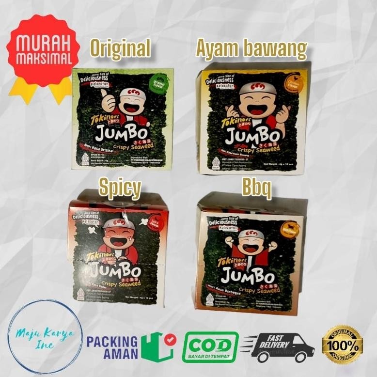 

Tokinori Jumbo Crispy Seaweed box isi 12 Bks @ 4 GRAM Roasted Seaweed aSt