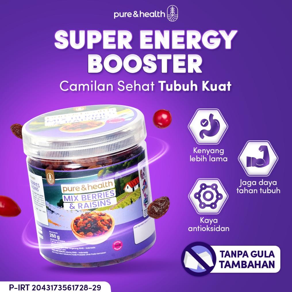 

Mix Berries and Raisins 250 Gram Pure and Health - Cemilan Sehat dari Buah Kering Cranberry Kismis Goji Berry aSt