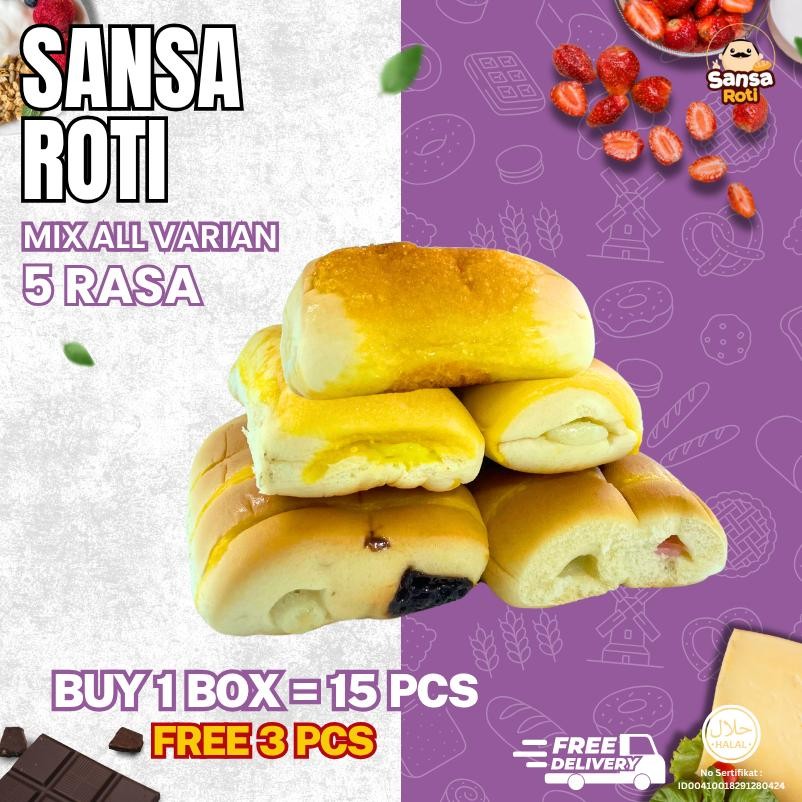 

Sansa Roti CAMPUR MIX Semua Rasa (5 Rasa) isi 15 Pcs + 3 | Snack Roti Mix Variant Tekstur Lembut Roti Halal Roti Viral aSt