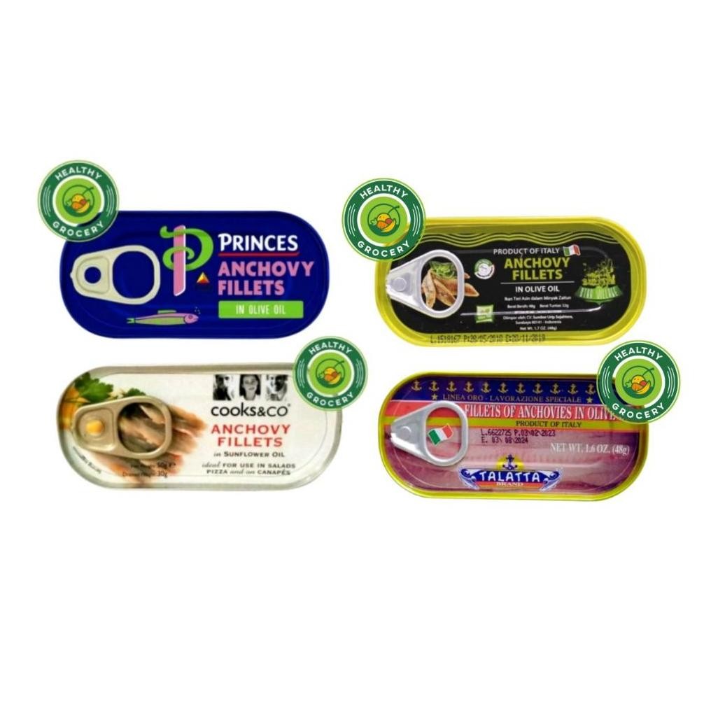 

Princes Anchovy Fillets In Olive Oil 50gr / Cooks & Co Anchovy Fillets In Sunflower Oil 50gr / Star Village Anchovy Fillets In Olive Oil 48gr / Talatta Anchovy Fillets In Olive Oil 48gr / Ikan Teri aSt