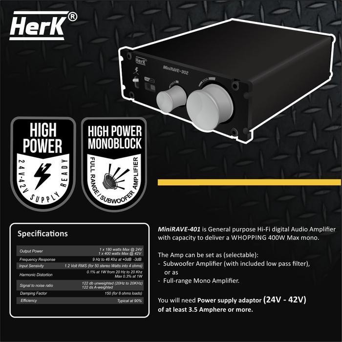 KIT AMPLIFIER AMPLI MINI SUBWOOFER 1X400W MONO MINIRAVE 401 HERK