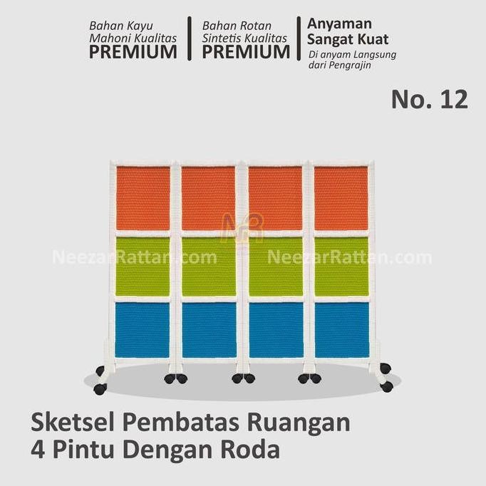 Sketsel partisi pembatas Penyekat ruangan no 12, 4 pintu, PAKAI RODA sekat ruang tamu estetik