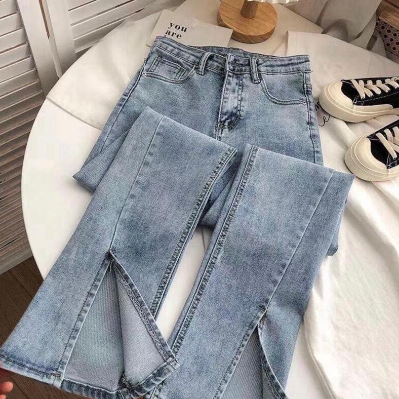 SZ [Beevalue] Celana Jeans Panjang Wanita Highwaist BootCut / CutBray Stretch Ngaret Motif Belah Dep