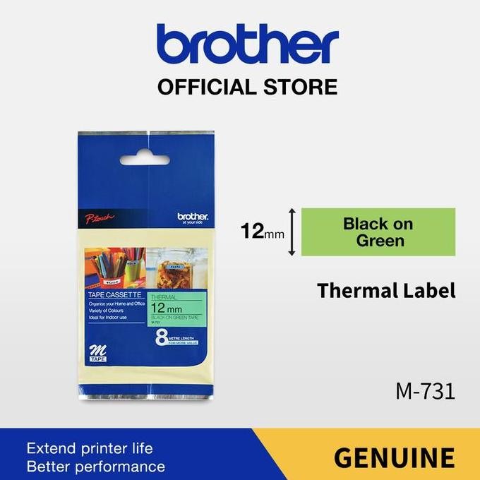 

TERMURAH - Brother Label M-731 12MM X 8M Black On Green Non Laminated Tape M731