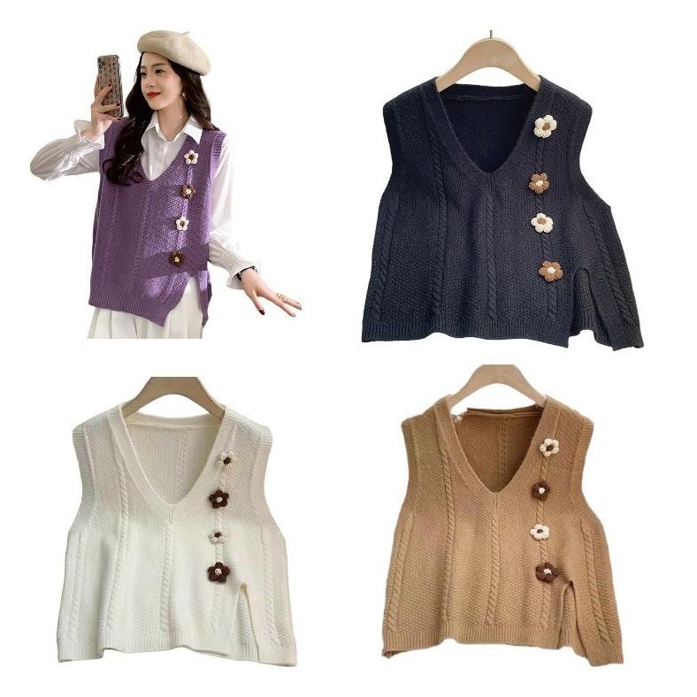 SZ [ RedPink ]Outer Atasan Wanita Rajut Import Tanpa Lengan Korean Style FOURFLOWER VEST