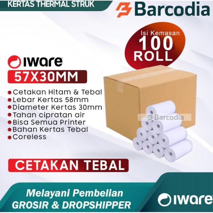 

TERLARIS - 1 DUS (100 Pcs) Iware 57x30 Kertas Thermal Roll Struk Kasir 57 x 30 Kertas 58mm