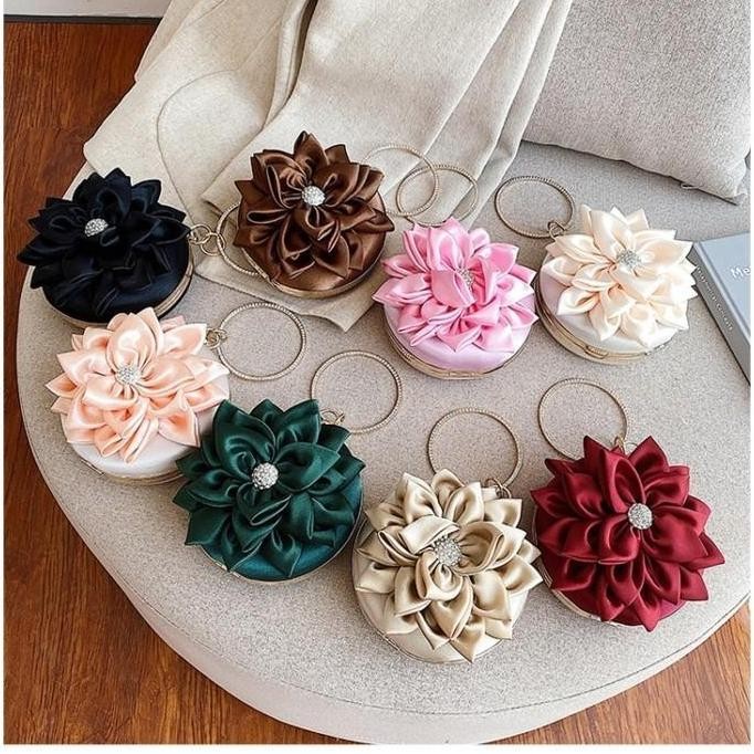 Tas Pesta Wanita Bulat Bunga Cantik Selempang Import Premium Terbaru
