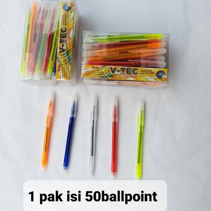 

Ballpoint Pen, Pulpen Sunreno V-Tec Crystal Warna-Warni 1Pak Isi 50Pcs