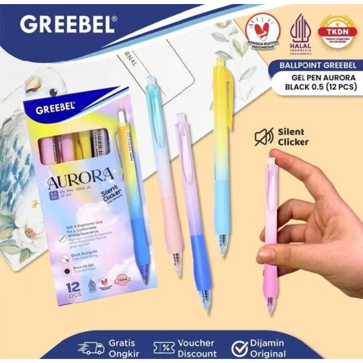 

( 1 PACK ) GREEBEL PULPEN GEL PASTEL / Gel Pen GP-511 Aurora 0.5 Hitam/ Bolpen Lucu Ballpen Gel Ballpoint Pena Gel