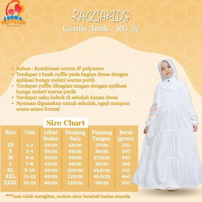 RAGGAKIDS GAMIS ANAK RG 52 TANPA JILBAB SIZE XS-XXXL (1-13 TAHUN) - GAMIS ANAK PEREMPUAN - GAMIS KAO