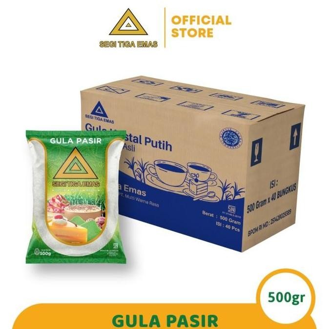 

Baru Gula Pasir Segi Tiga Emas 500gr x 40pcs / Dus - Gula Putih Pasir Grosiran