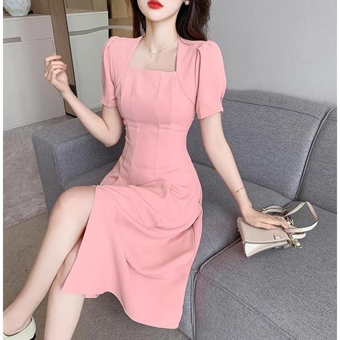 7868 elegant PINK long dress formal korean style vintage big size floral dress cantik wanita hitam w