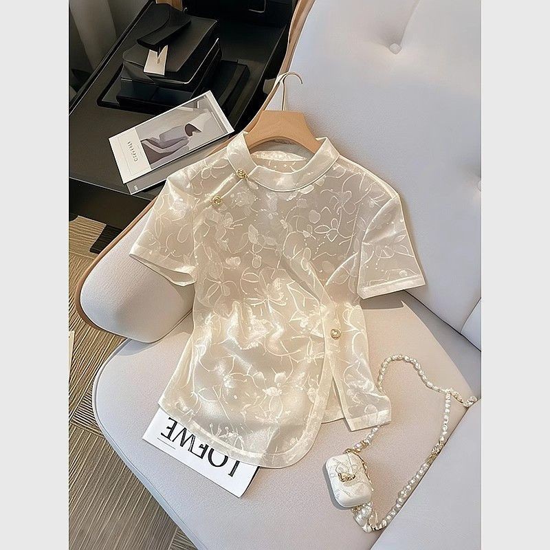 Gaya Nasional Baru Gaya Cina Satin Aprikot T Baju Wanita KAOS