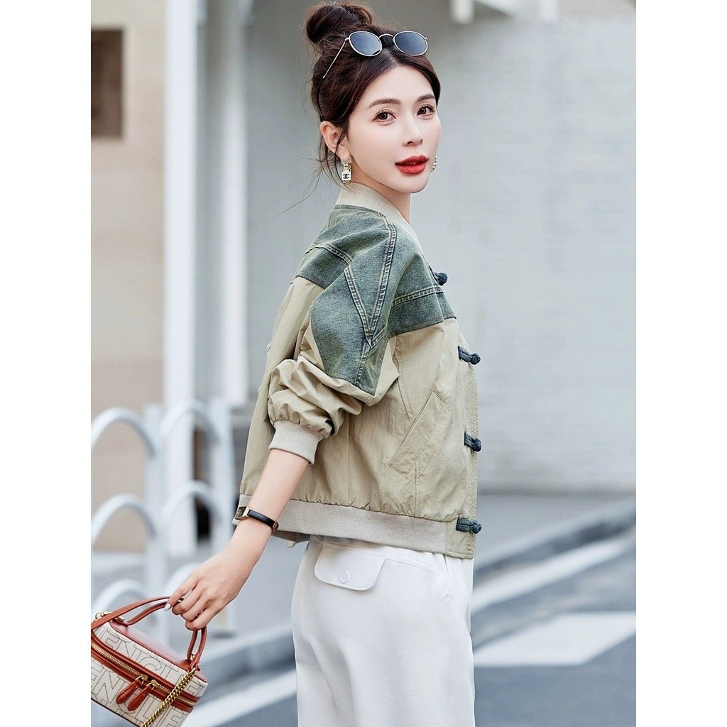 Jaket Pendek untuk Wanita Denim Patchwork Gaya Cina Baru Jaket Baseball Atasan Santai