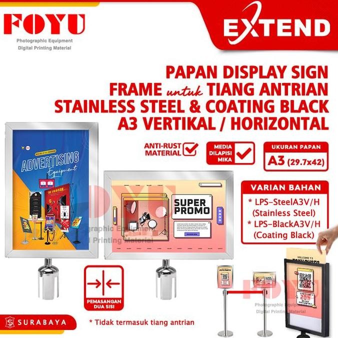 

Papan Display Sign Frame Tanda Board Banner Iklan Poster Untuk Tiang Pembatas Antrian Stainless Steel Coating Black A3 Vertikal Horizontal Extend Transparan Co