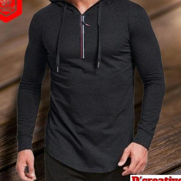 Baju Kaos Hoodie Resleting Pria Lengan Panjang Polos Oval Long Oblong