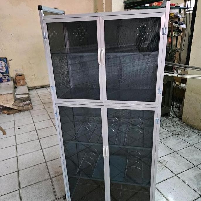 rak piring lemari piring aluminium kaca 2 pintu