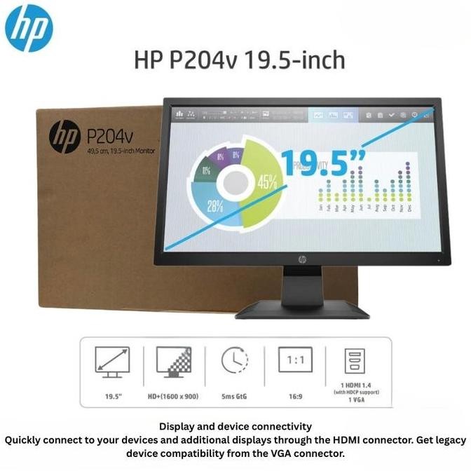 Led Monitor Hp P204V 19.5 Inch Hd+ Monitor Tn 20" 100% BaruResmi Co