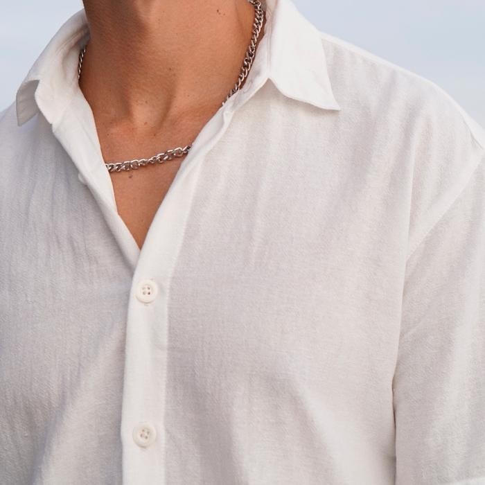 ST Kemeja Pria Linen Katun Angel Canggu Series Kemeja Pantai Putih Casual Lengan Pendek Polos Beachw