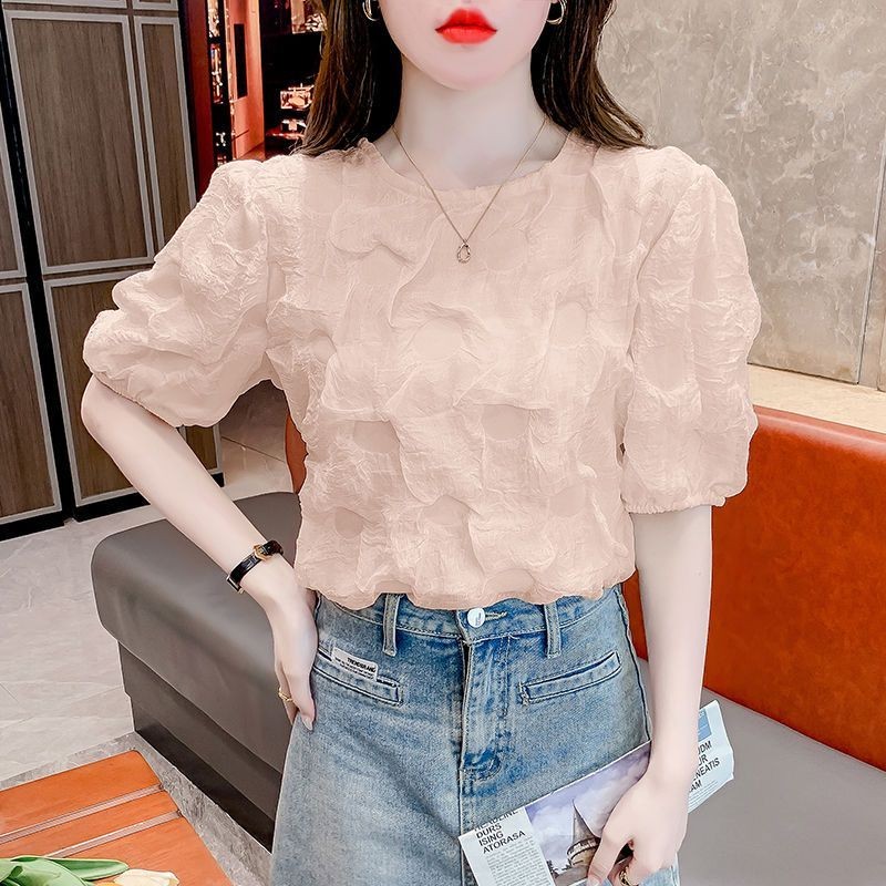 Atasan lengan pendek wanita berkualitas tinggi Blus Lengan Puff dengan Fit Longgar dan Nuansa Mewah