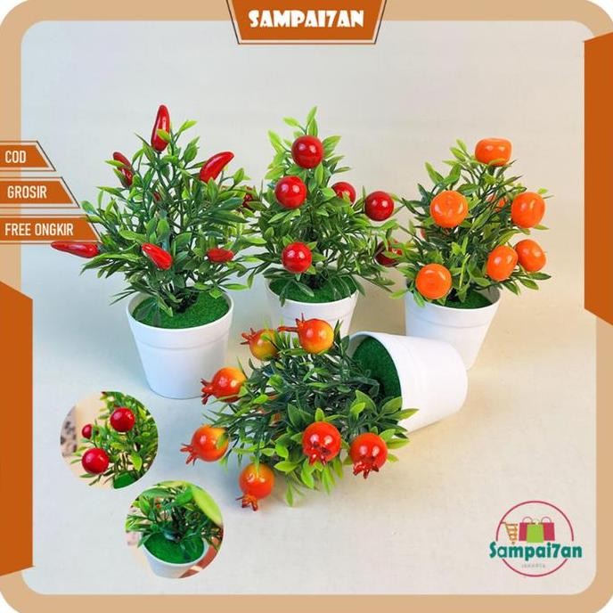 Tanaman Bunga Hias Plastik Imut Tanaman Artificial Buatan Dekorasi Sepaket Buah Cabe Hawberry Pot