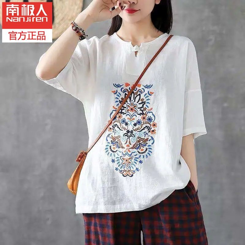 Gesper Bordir Vintage Wanita Berkualitas Tinggi V Kerah Lengan Pendek Katun dan Linen5Lengan Setenga