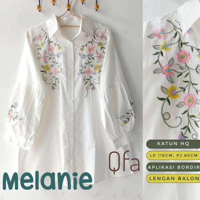 New Qfamelanie Blouse Kemeja Jumbo Putih Lengan Balon Katun Bordir