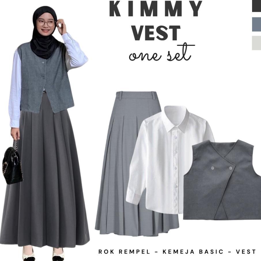 One Set Ootd Yearbook American Style Kemeja Basic Katun Putih Vest Semi Wool Abu Rok Rempel Semi Woo