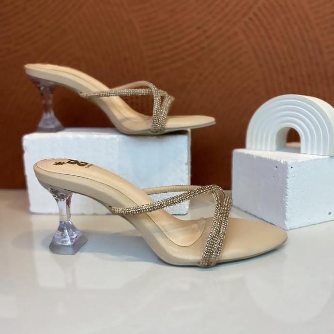 Embay Hera warna Nude Heels cantik viral wanita Hak Kaca 7cm Sandal Cewek Terbaru la