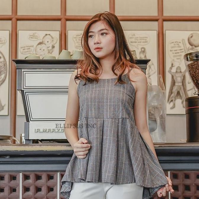 ELLIPSESINC Tank Top Kotak Wanita/Atasan Baby Doll Korea Wanita/ Strappy Houndstooth Tank