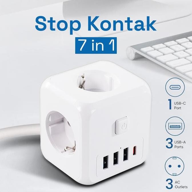 Stop Kontak 3 Colokan Listrik Ac Power 7 In 1 Multifungsi 3 Usb 1 Type C Port Wall Cube Socket Eu Pl