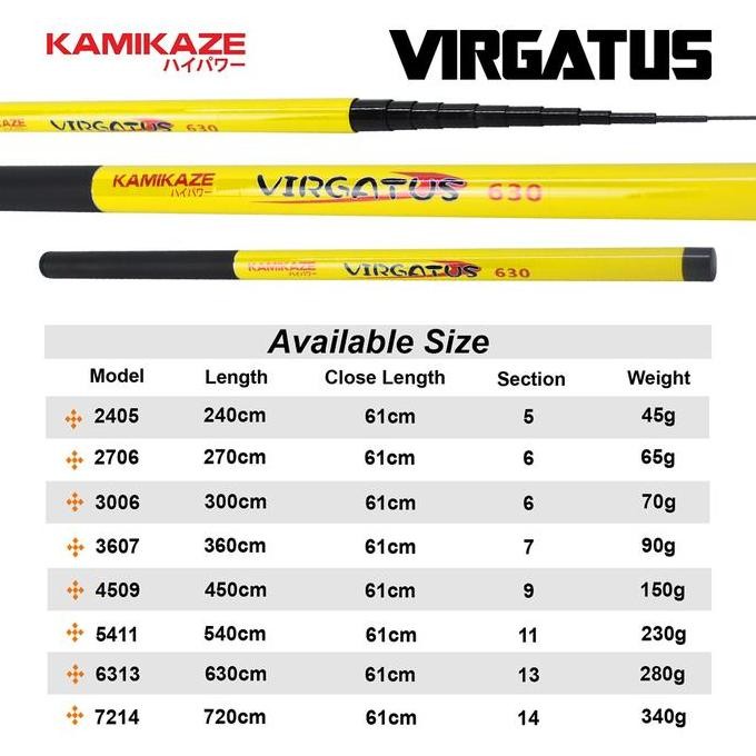 KAMIKAZE Joran Tegek VIRGATUS 240CM - 720CM Carbon Ruas pendek Cocok Untuk di Sungai dan Muara