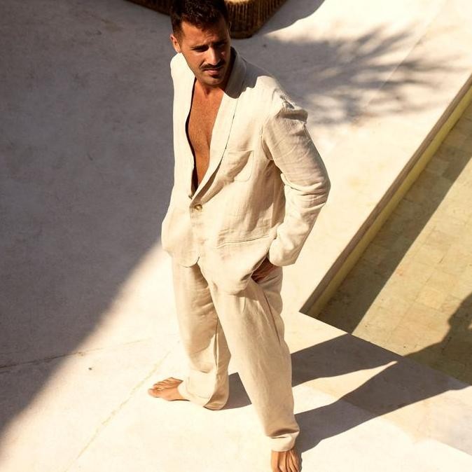 REMEDY Outer Linen Set Pria Panjang Warna Krem - Sand Linen Blazer