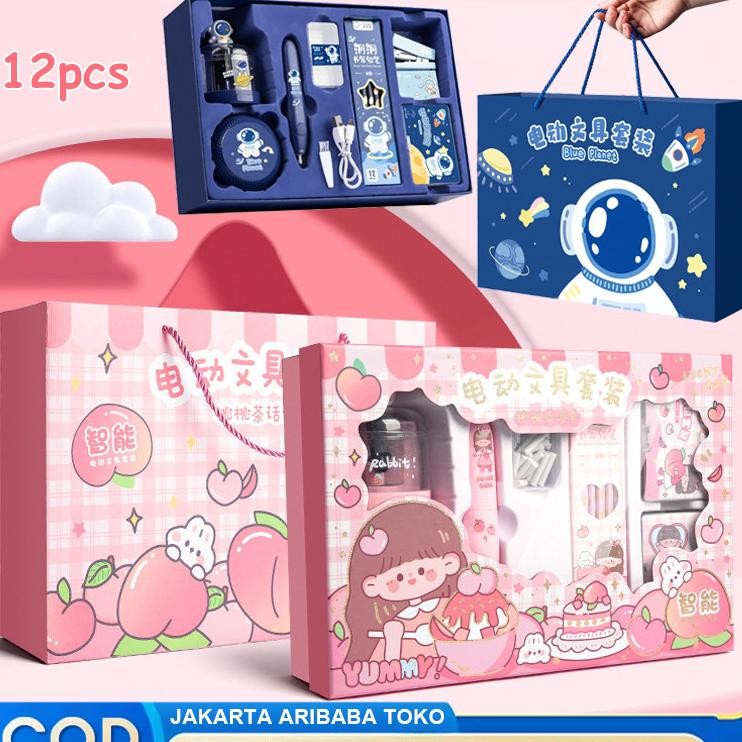 

12 In 1 Electric Stationery Set Set Alat Tulis Elektrik Rautan Penghapus Vacuum Pensil Perkakas Belajar Anak Perempuan Kado