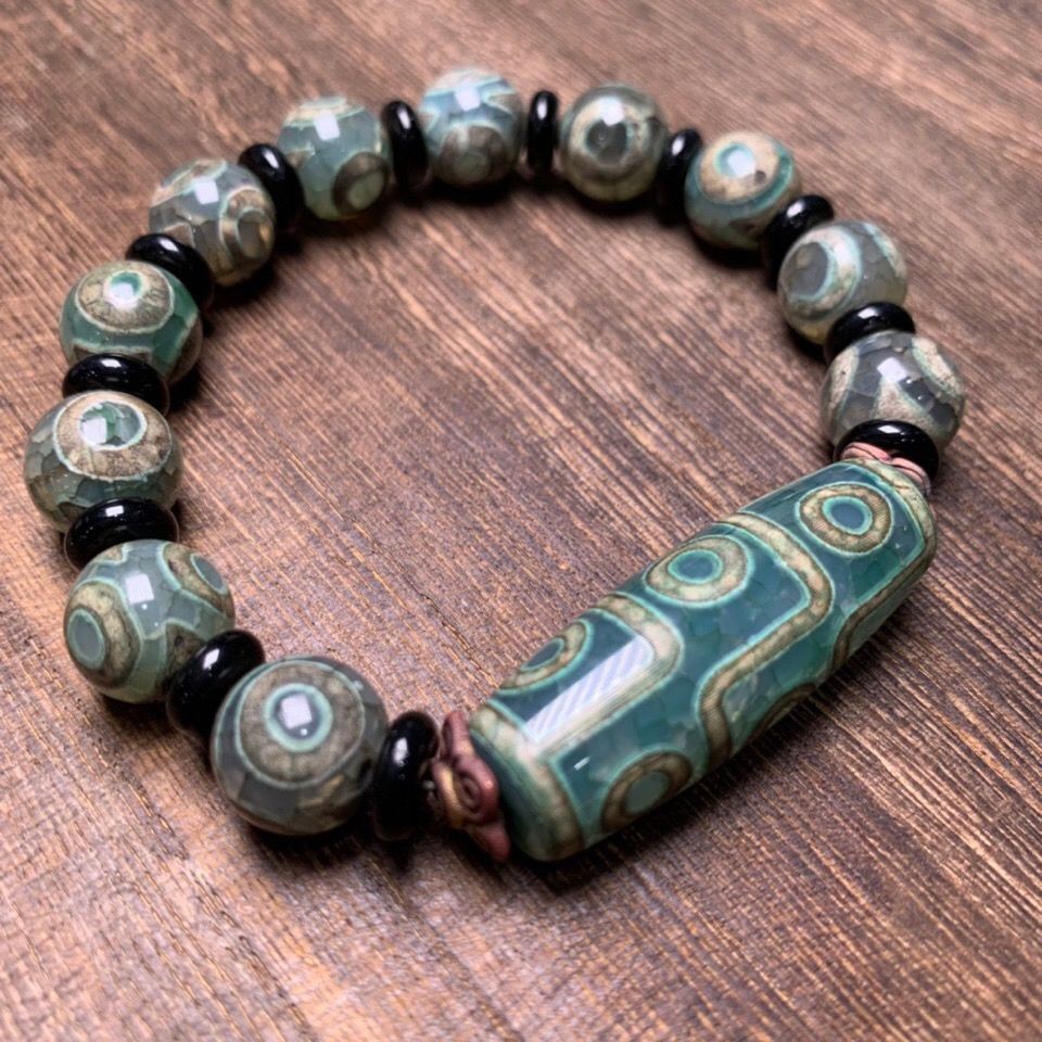Tibetan Old Agate Three-Eyed Nine-Eyed Dzi Beads Buddhist Beads Bracelet Antique Jade Prayer Beads B