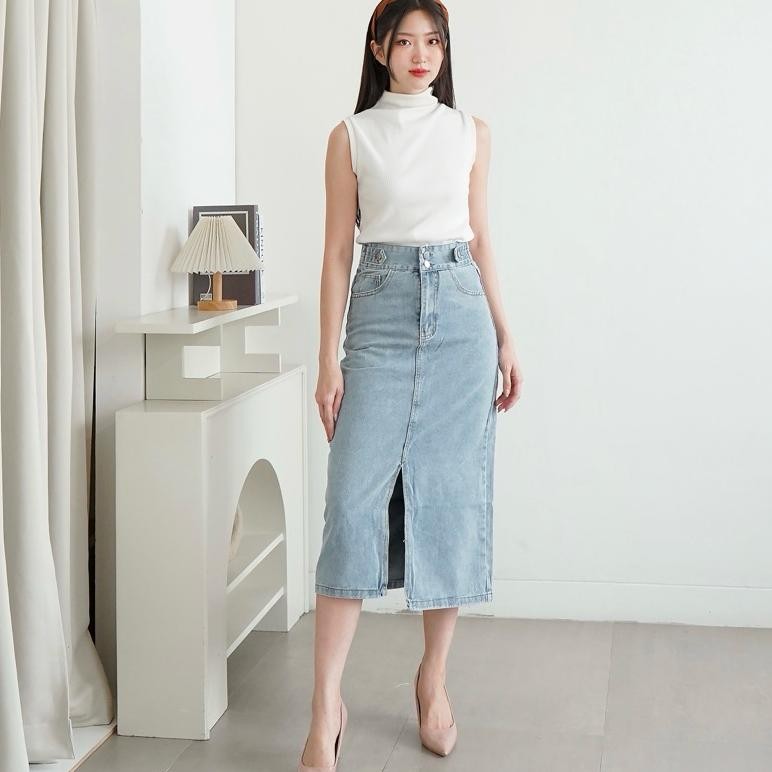 [Beevalue] Midi Split Skirt Rok Jeans Highwaist Dua Kancing Variasi Belt Bahan Premium | Rok Jeans B