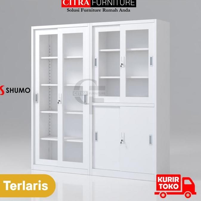 SHUMO Lemari Arsip Besi 4 Pintu Sliding Kaca White Nevada Series