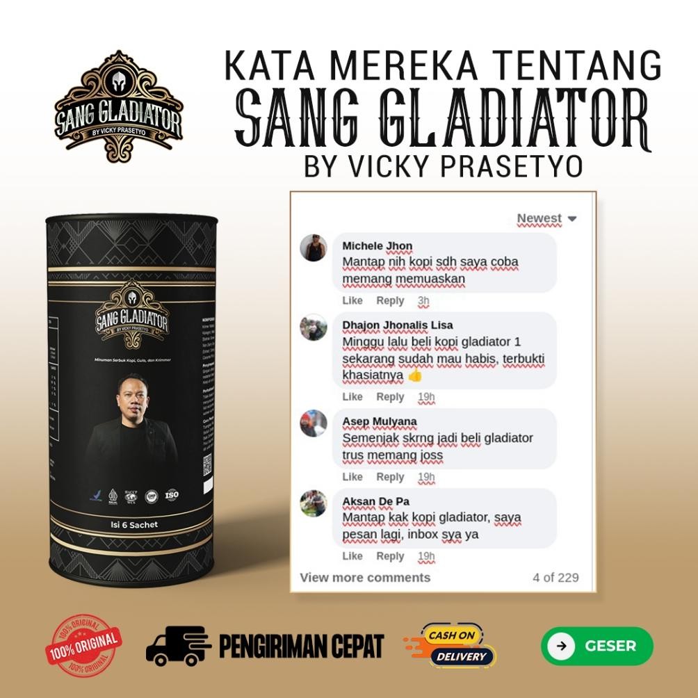 

Ready!! Sang Gladiator by Vicky Prasetyo Kopi Pilihan Pria - Halal & Bpom - 1 Pack isi 6 Sachet