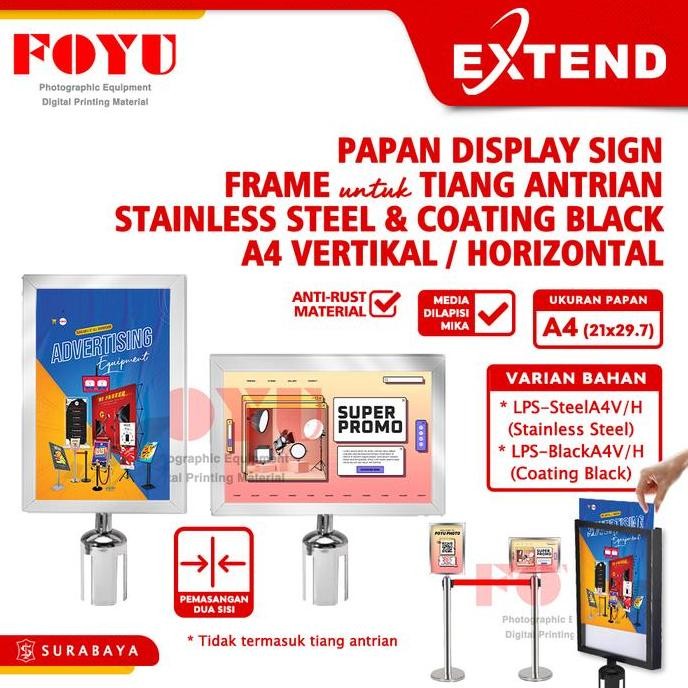 

TERBARU - Papan Display Sign Frame Tanda Board Banner Iklan Poster Untuk Tiang Pembatas Antrian Stainless Steel Coating Black A4 Vertikal Horizontal Extend Transparan