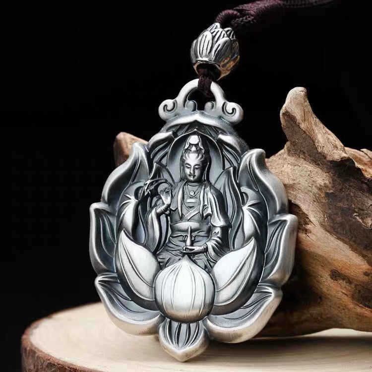 Retro s999Liontin Guanyin Perak Murni untuk Pria, Kalung Perak Murni Padat, Liontin Amulet Buddha