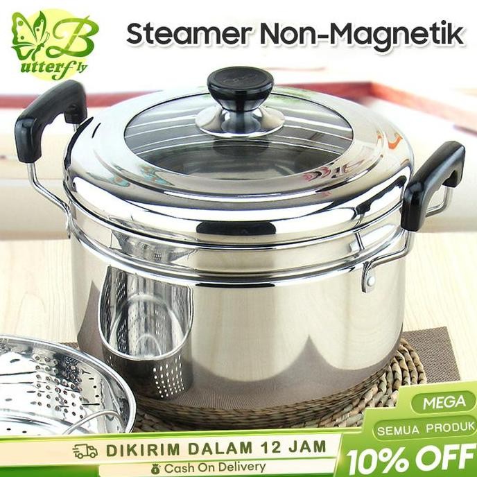 Panci kukusan tutup kaca ukuran besar Panci Kukus 2 Susun Panci Kukus Stainless Steel Dandang Panci 