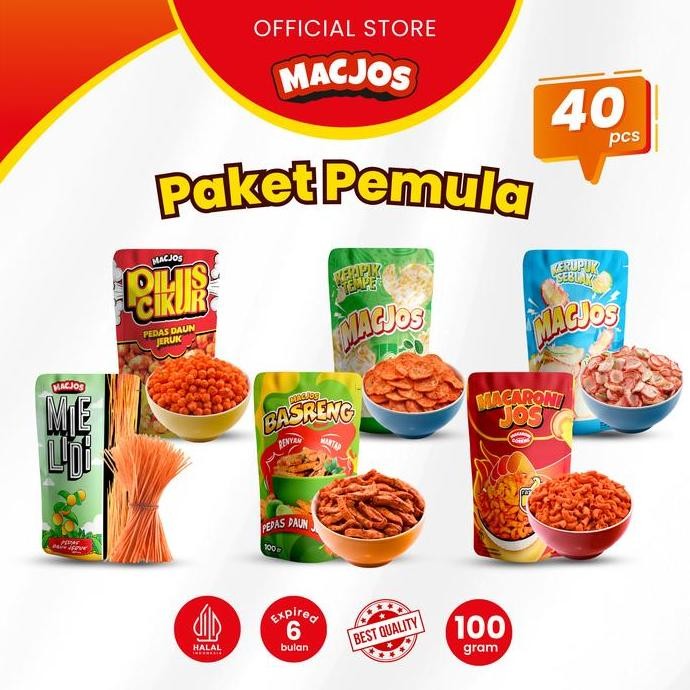 

MACARONI JOS Cemilan Paket Pemula 40pcs - Makaroni Mie Lidi Pilus Cikur Kerupuk Seblak Basreng Keripik Tempe - Isi 6 Varian Produk Food Snack